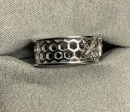 Clogau Honey Bee On Honeycomb wide band ring in silver and rose gold size Q