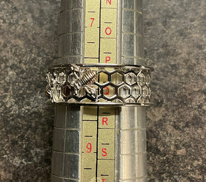 Clogau Honey Bee On Honeycomb wide band ring in silver and rose gold size Q