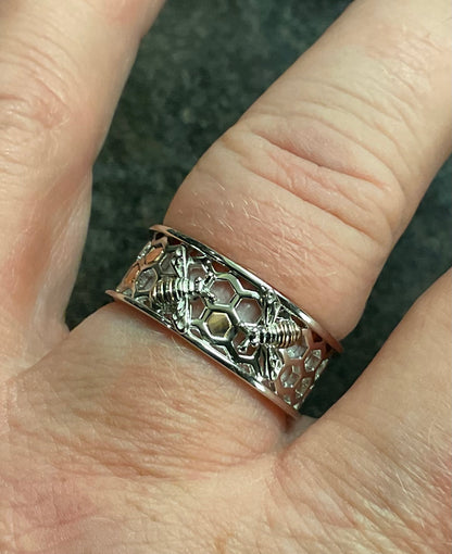 Clogau Honey Bee On Honeycomb wide band ring in silver and rose gold size Q