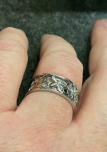 Clogau Honey Bee On Honeycomb wide band ring in silver and rose gold size Q