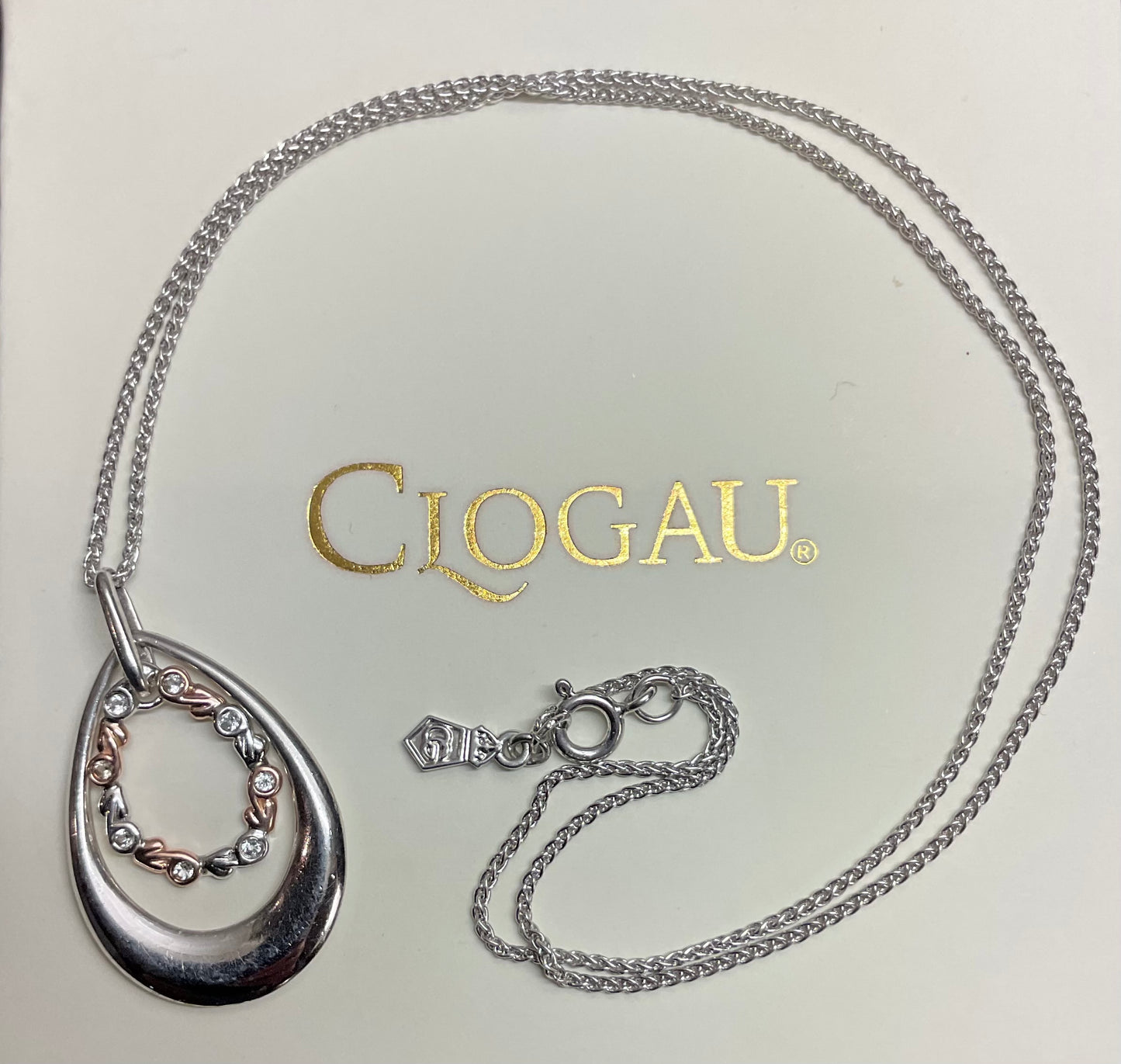 Clogau Tree of Life White Topaz Teardrop pendant 18” necklace in silver and rose gold