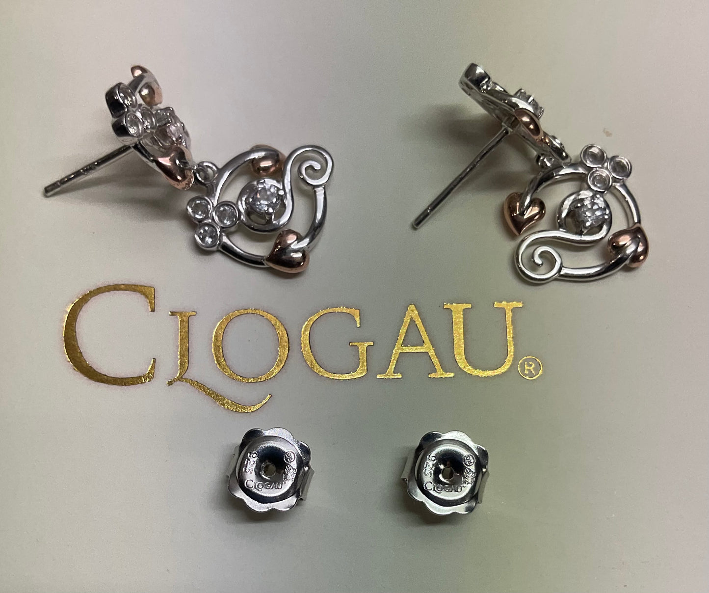 Clogau Tree of Life Origins double drop White topaz earrings in silver and rose gold