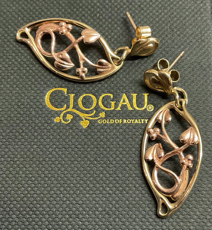 Vintage Clogau 9ct Tree of Life elliptical drop earrings in yellow and rose gold