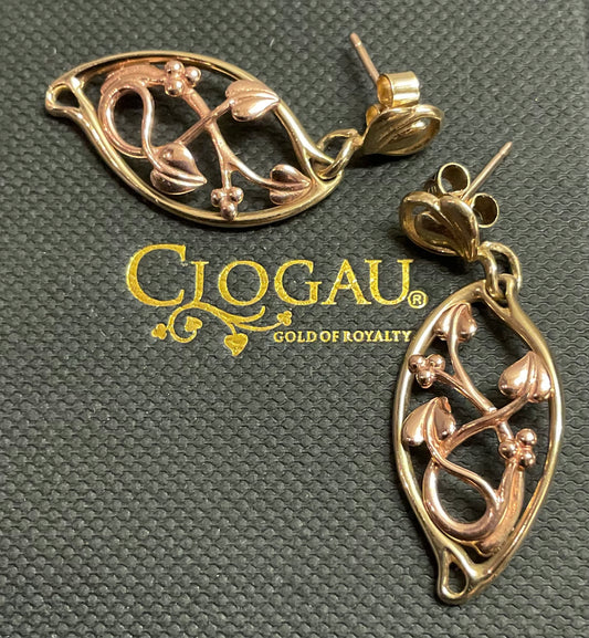 Vintage Clogau 9ct Tree of Life elliptical drop earrings in yellow and rose gold