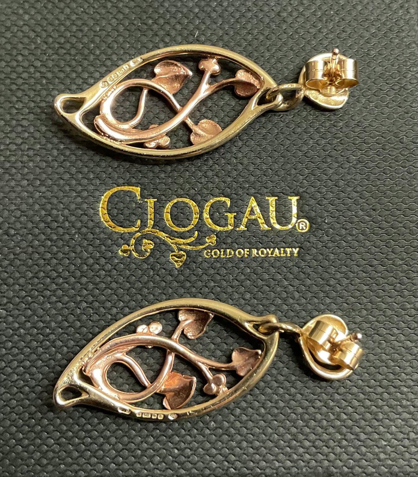 Vintage Clogau 9ct Tree of Life elliptical drop earrings in yellow and rose gold