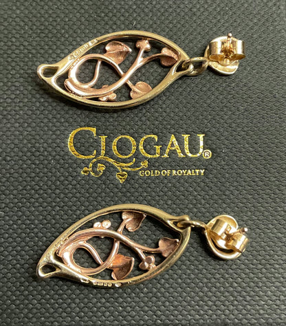 Vintage Clogau 9ct Tree of Life elliptical drop earrings in yellow and rose gold