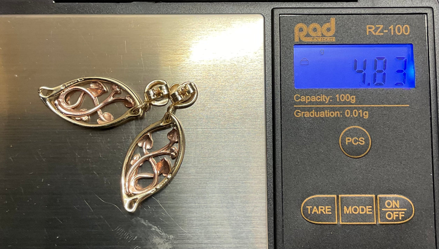 Vintage Clogau 9ct Tree of Life elliptical drop earrings in yellow and rose gold