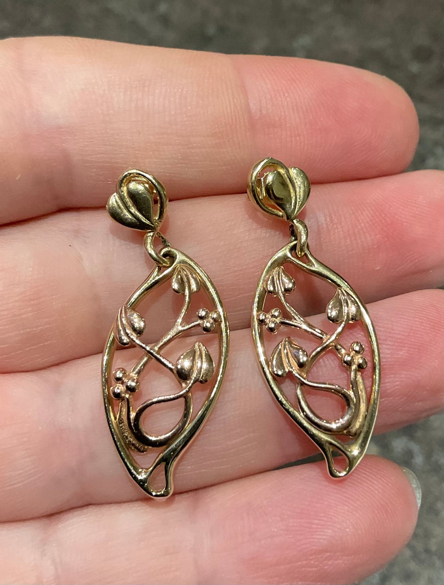 Vintage Clogau 9ct Tree of Life elliptical drop earrings in yellow and rose gold