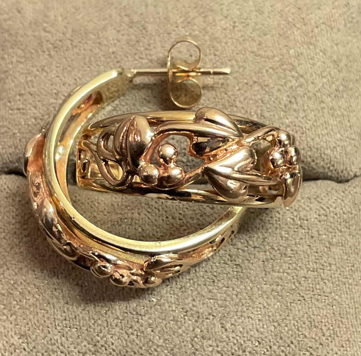 Vintage Clogau 9ct Tree of Life 7mm wide 3/4 hoop earrings in yellow and rose gold 5.56g