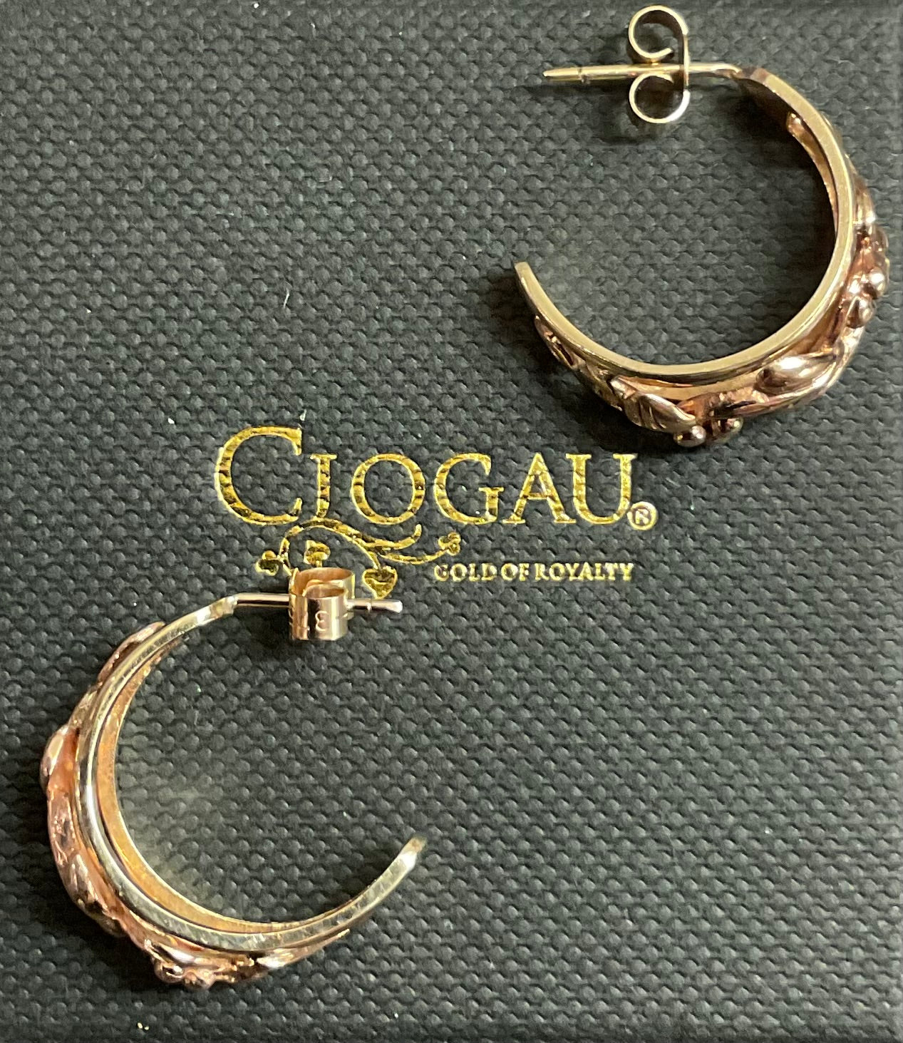 Vintage Clogau 9ct Tree of Life 7mm wide 3/4 hoop earrings in yellow and rose gold 5.56g