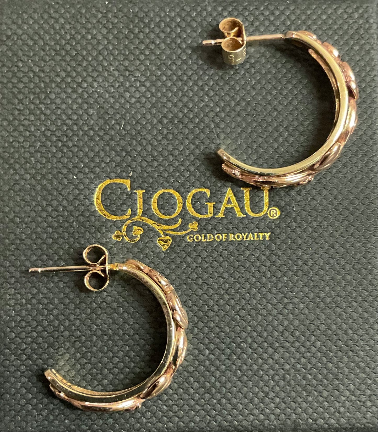 Vintage Clogau 5mm Tree of Life 3/4 hoop earrings in yellow and rose gold 3.81g