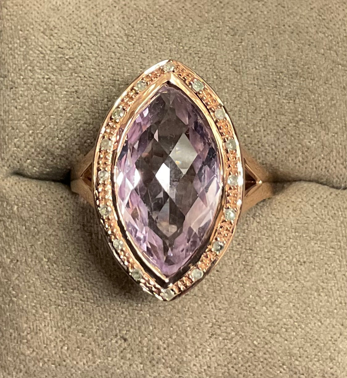 9ct Amethyst and Diamond Rose gold cocktail ring size P