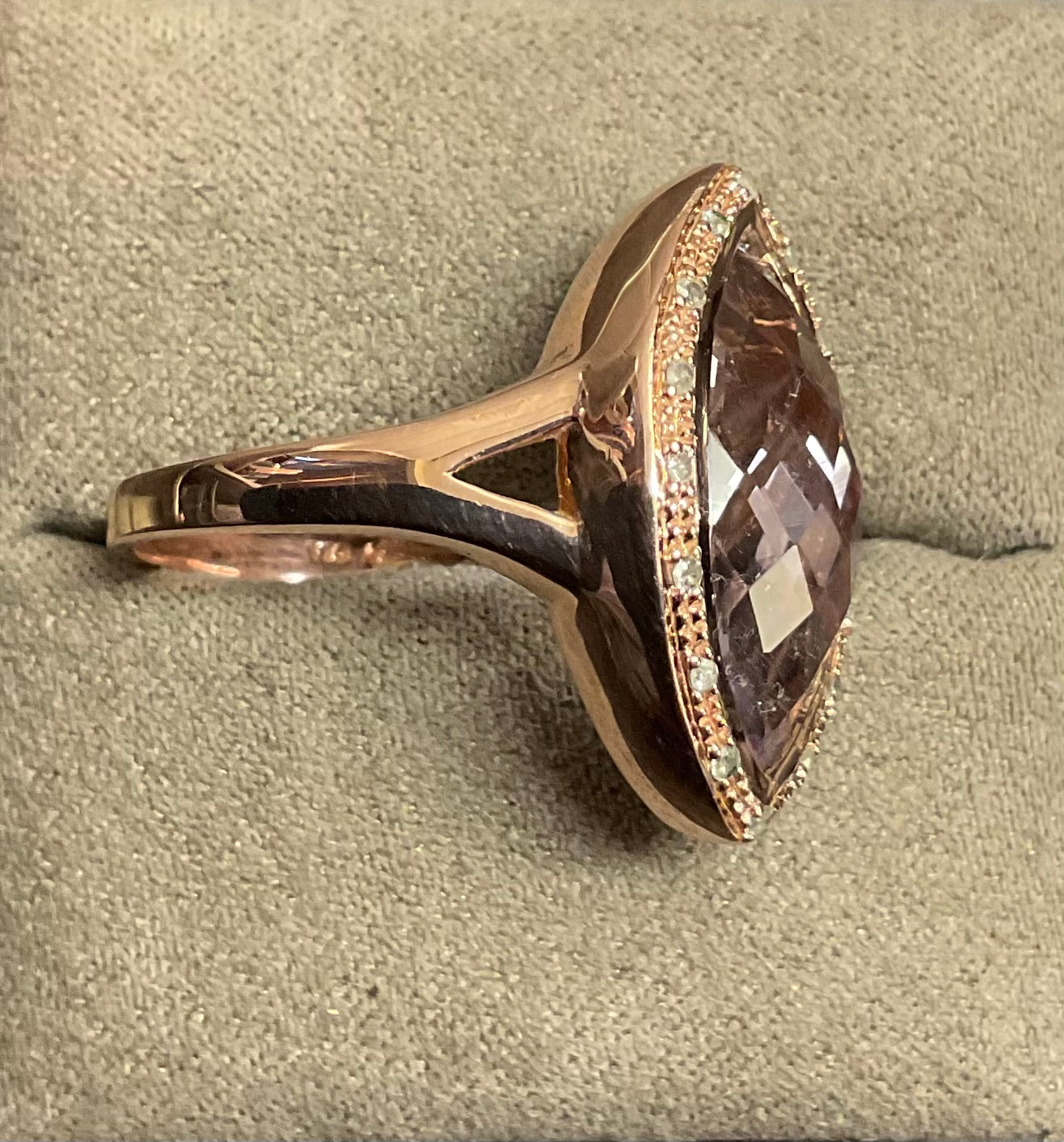 9ct Amethyst and Diamond Rose gold cocktail ring size P