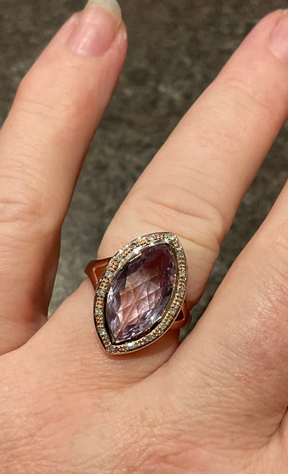 9ct Amethyst and Diamond Rose gold cocktail ring size P