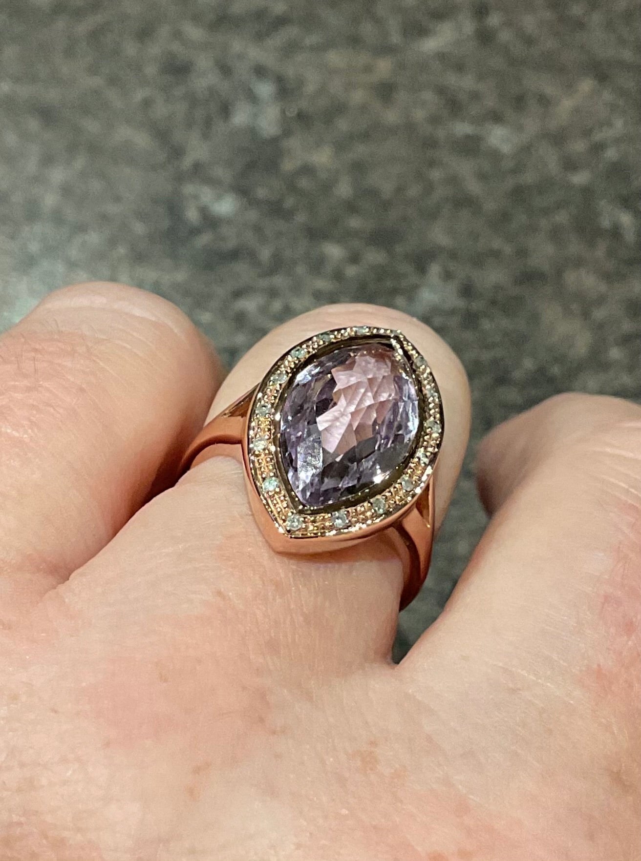 9ct Amethyst and Diamond Rose gold cocktail ring size P