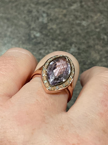 9ct Amethyst and Diamond Rose gold cocktail ring size P