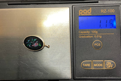 Vintage 14k Floral mosaic Opal Inlay black onyx oval pendant in yellow gold