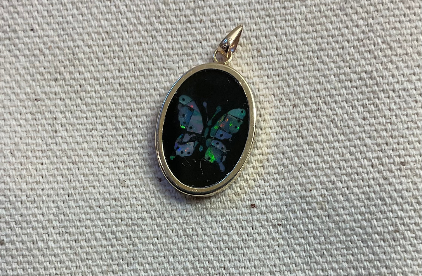 Vintage 9ct Butterfly black onyx pendant with inlayed opal mosaic in yellow gold