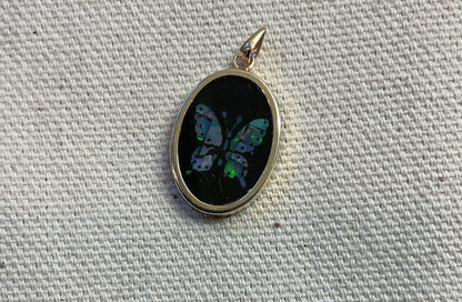 Vintage 9ct Butterfly black onyx pendant with inlayed opal mosaic in yellow gold