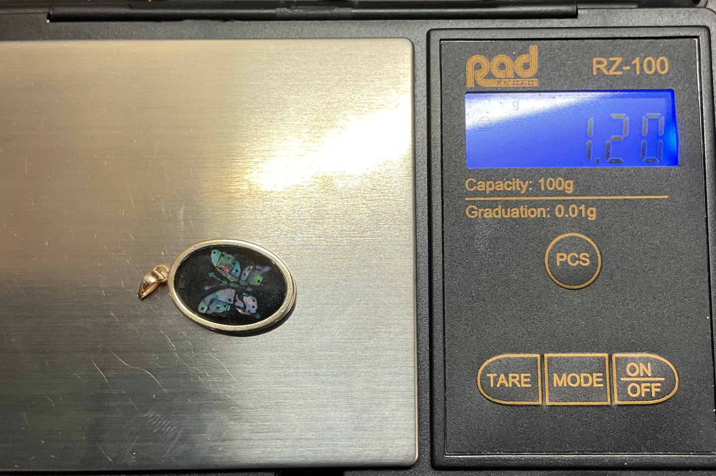 Vintage 9ct Butterfly black onyx pendant with inlayed opal mosaic in yellow gold