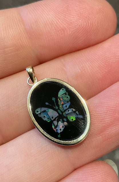 Vintage 9ct Butterfly black onyx pendant with inlayed opal mosaic in yellow gold