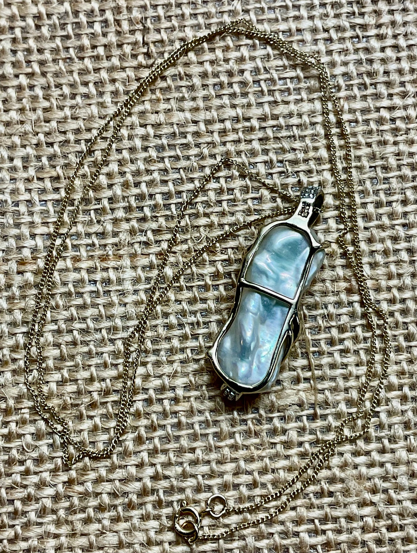 Vintage 9ct Baroque Pearl and Diamond pendant necklace 18” yellow gold