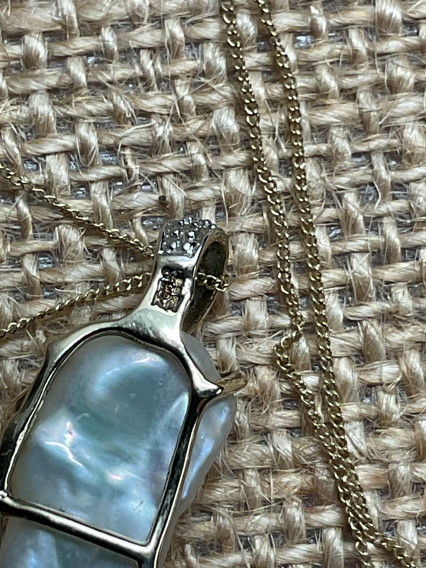 Vintage 9ct Baroque Pearl and Diamond pendant necklace 18” yellow gold