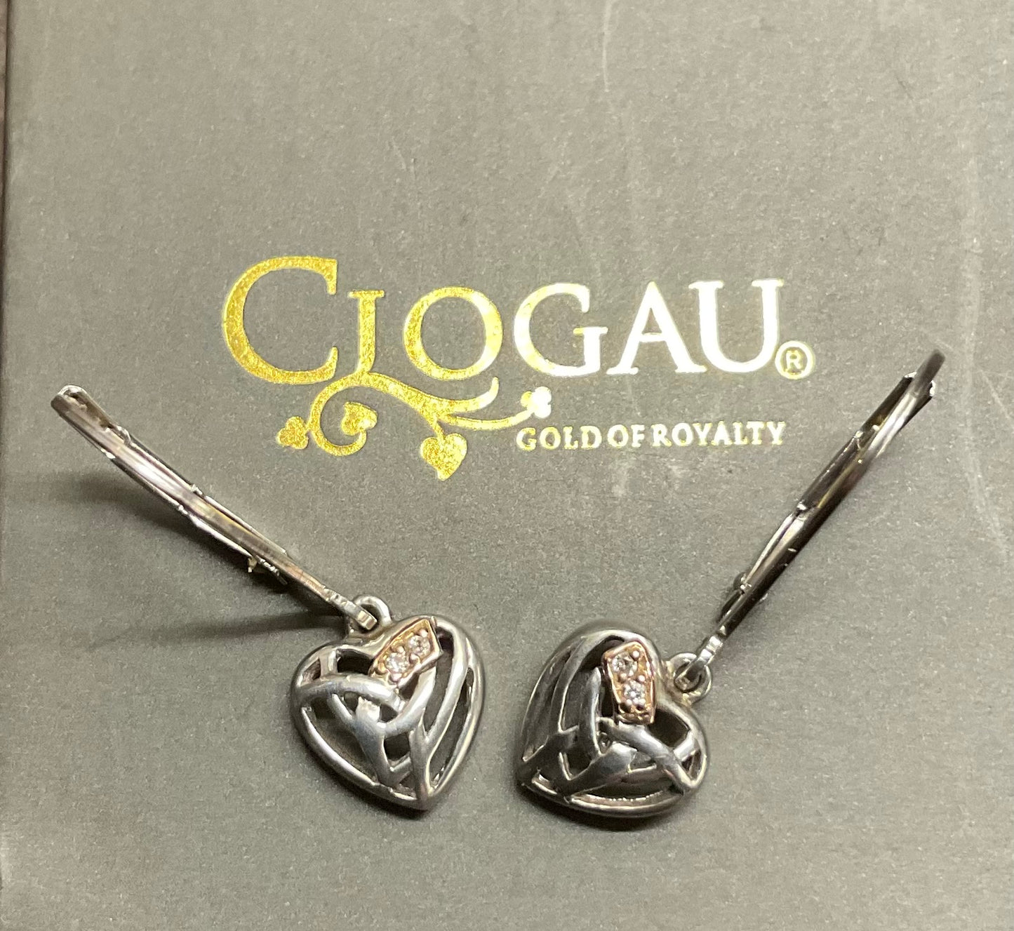 Clogau Hearts Entwined Diamond leverback drop earrings in silver and rose gold