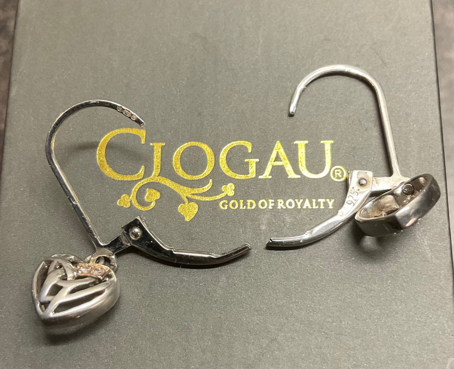 Clogau Hearts Entwined Diamond leverback drop earrings in silver and rose gold
