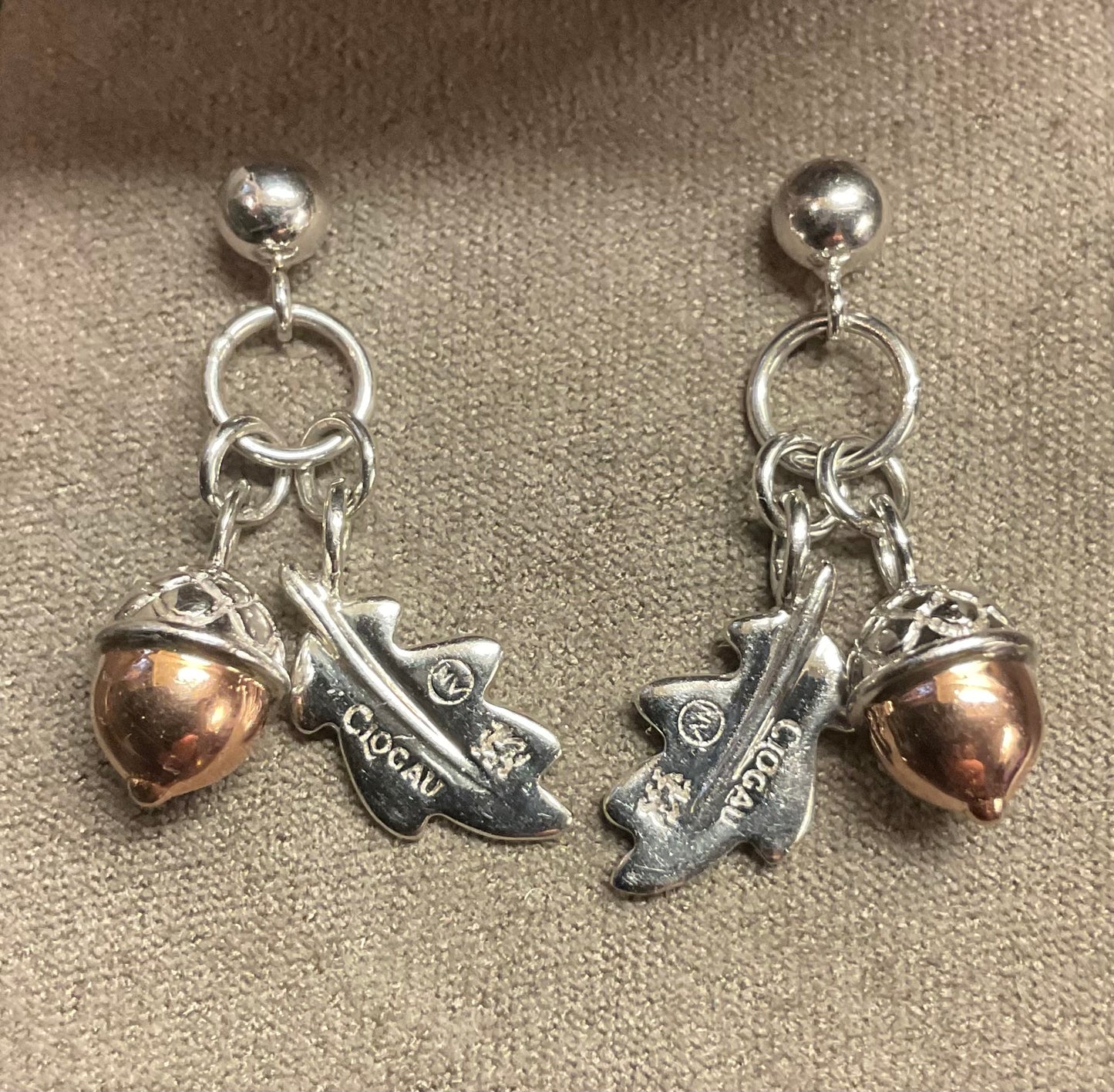 Clogau Royal Oak drop earrings in silver and rose gold