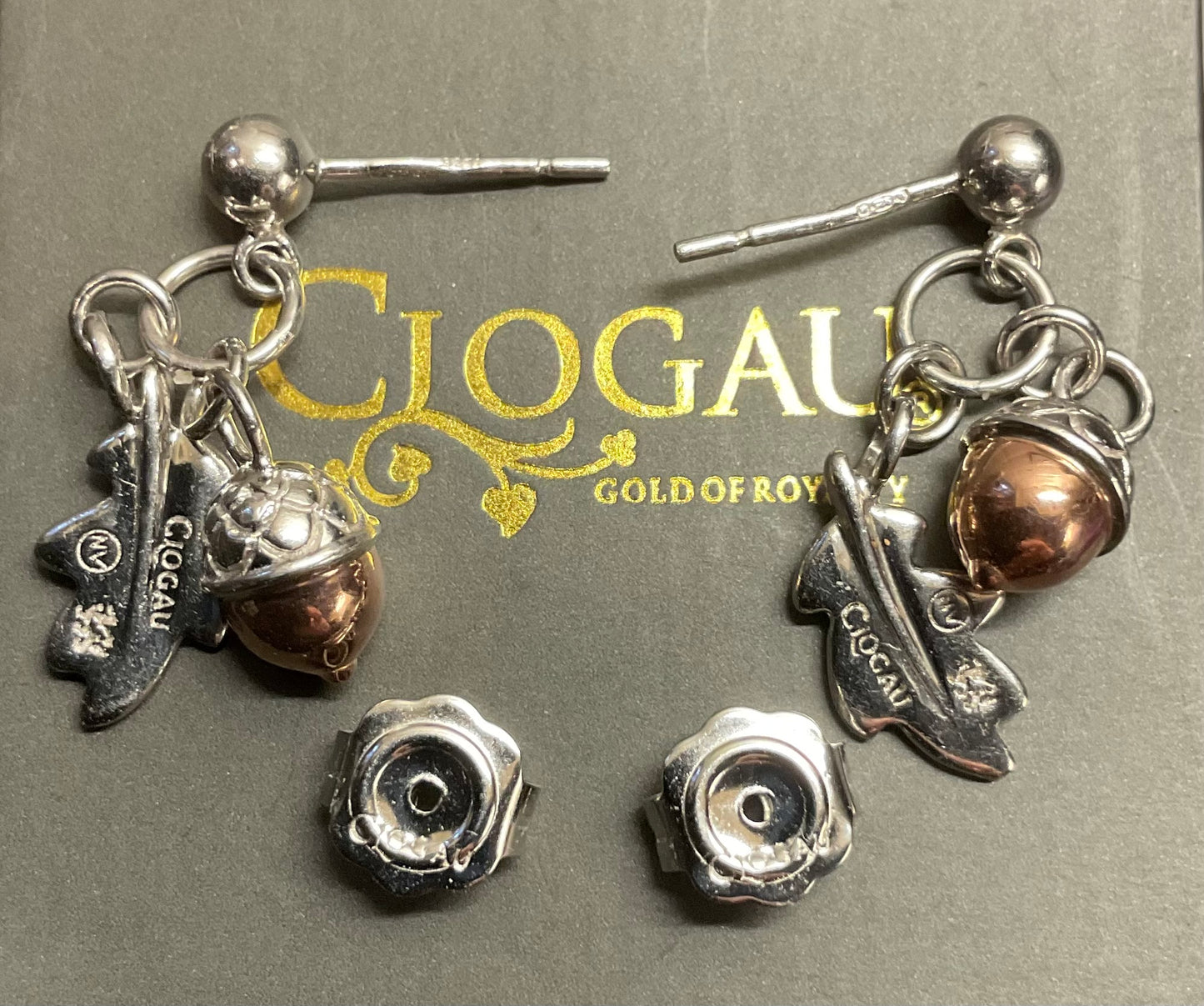 Clogau Royal Oak drop earrings in silver and rose gold