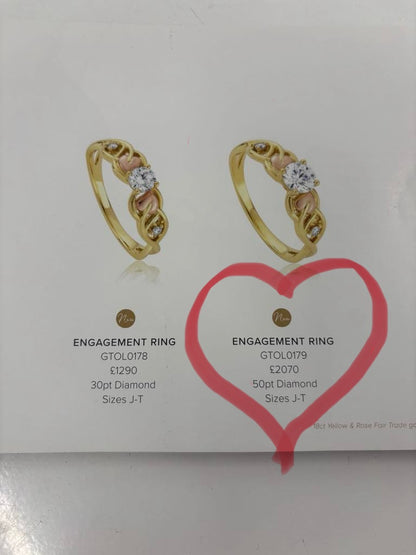 Clogau 18ct Fairtrade gold engagement ring with 0.5ct Lab grown Diamond size O yellow and rose gold RRP £2070