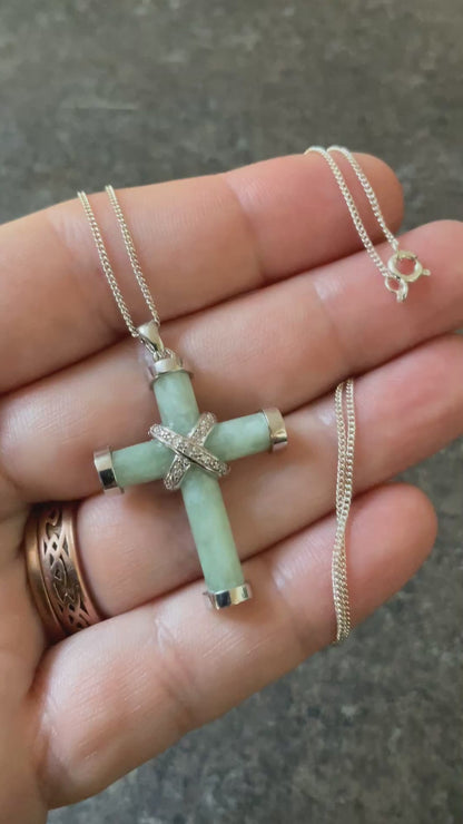 925 Jade and Diamond Cross pendant on 925 18” sterling silver fine chain
