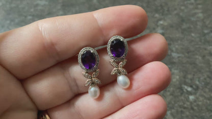 Clogau Superbloom Amethyst Pearl drop earrings in silver and rose gold New!