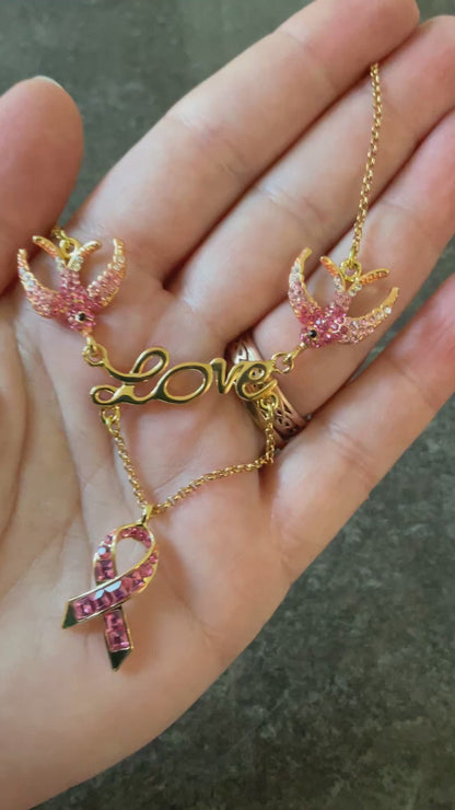 Butler and Wilson Pink Crystal Ribbon necklace with Swallows carrying the word ‘Love’