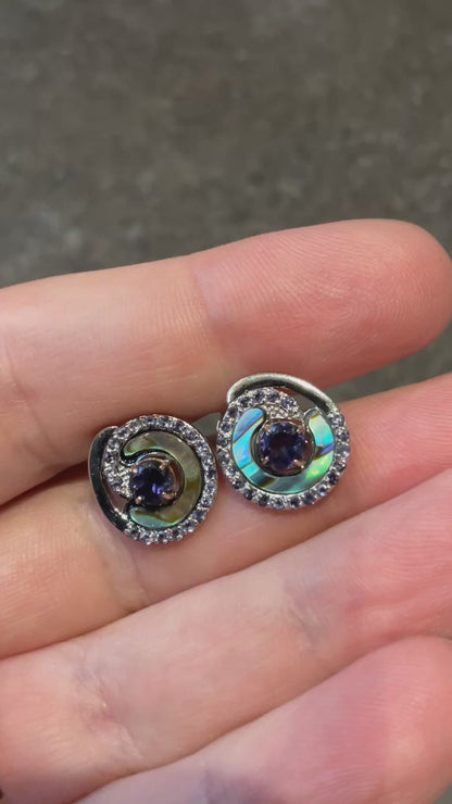 Clogau Ebb and Flow Abalone shell and Iolite stud earrings in silver and rose gold