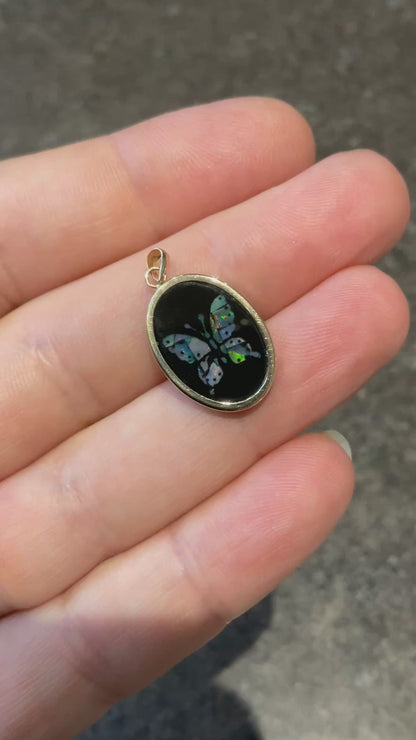 Vintage 9ct Butterfly black onyx pendant with inlayed opal mosaic in yellow gold