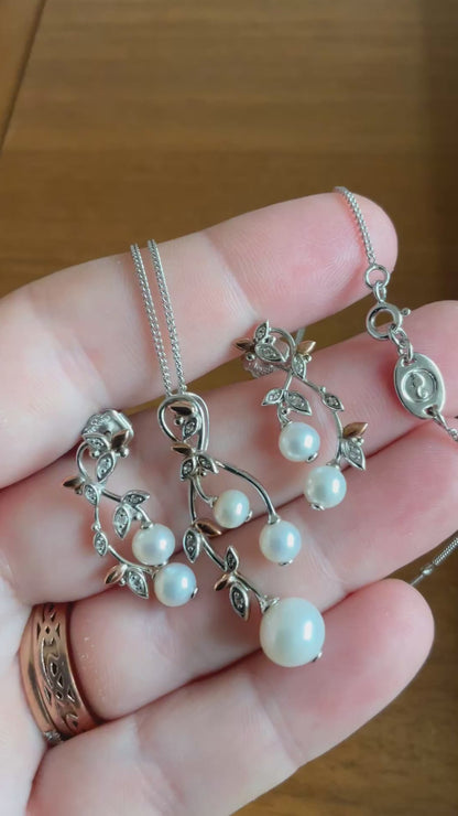 Clogau Lily of the Valley Pearl 18-22” necklace & earrings set, in silver & rose gold