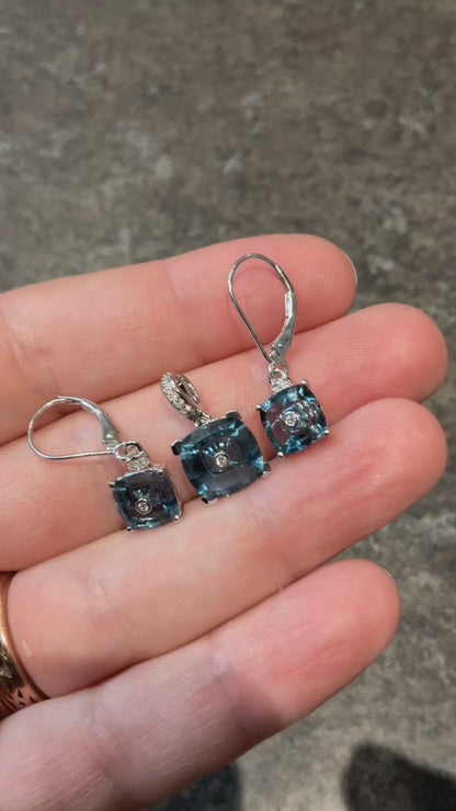 Glenn Lehrer 10K white gold Limited edition Torus Blue Topaz & Diamond pendant & earrings set
