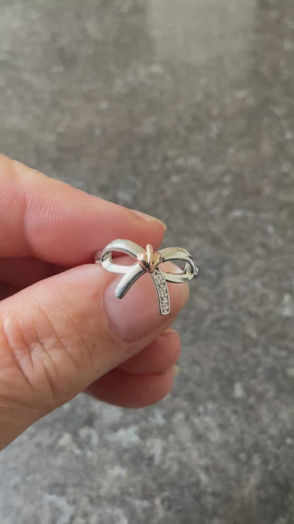 Clogau Tree of Life Diamond Bow ring size L silver & rose gold 2.34g