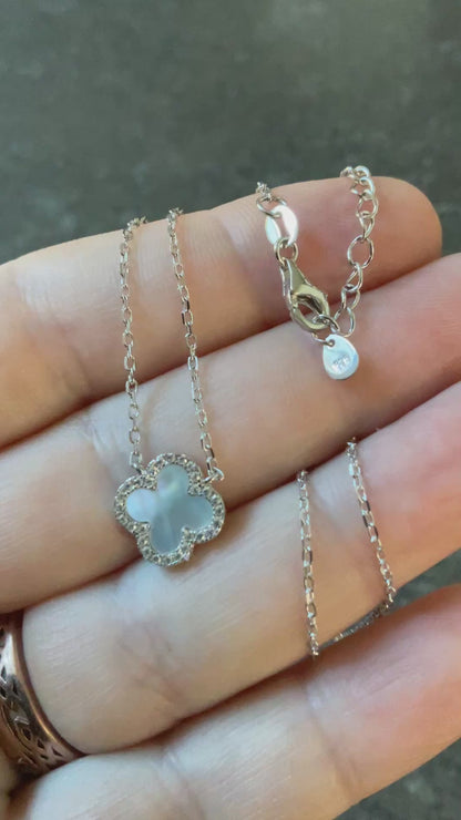 Beaverbrooks 925 Mother of Pearl & Cubic Zirconia Four Leaf Clover necklace 15.5-17.5"