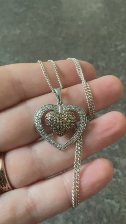 925 white and cognac diamond double heart pendant necklace 20” sterling silver TGGC