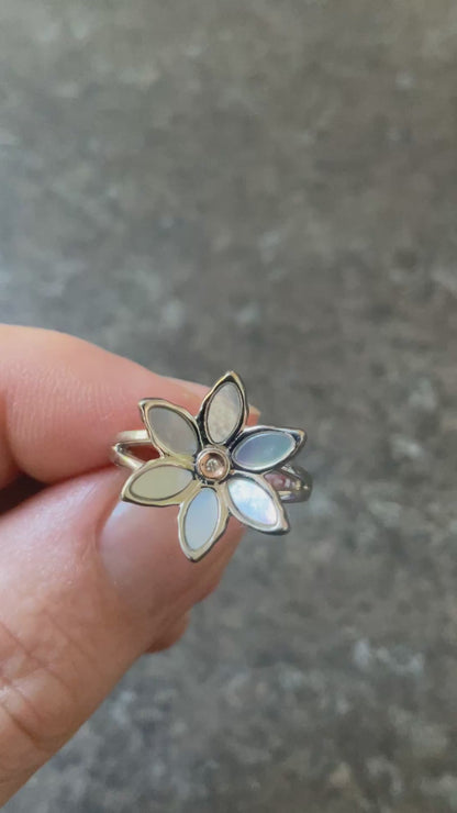 Clogau Lady Snowdon Mother of Pearl and Diamond flower ring size M in silver and rose gold