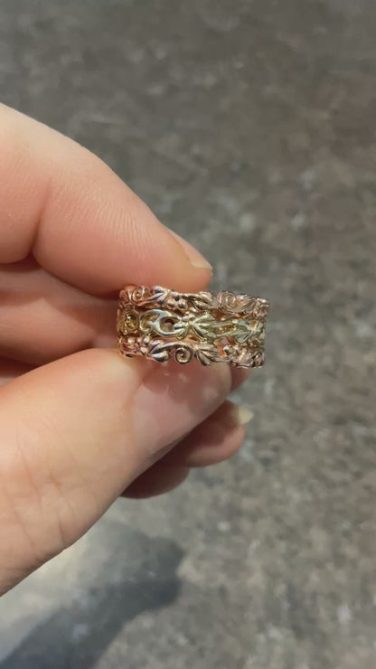 Clogau 9ct 3 row wide band ring in yellow and rose gold size L 7g