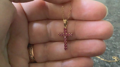 9ct ruby cross crucifix pendant on 16” fine 9ct trace chain yellow gold