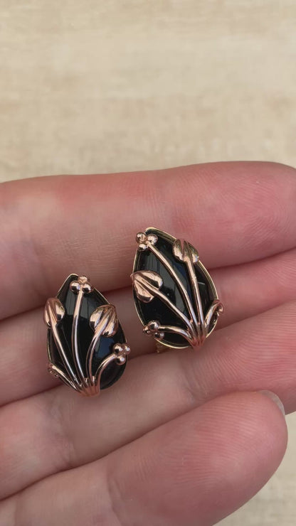 Clogau 9ct Black Onyx Nightfall stud earrings in yellow and rose gold with post and clip for pierced ears