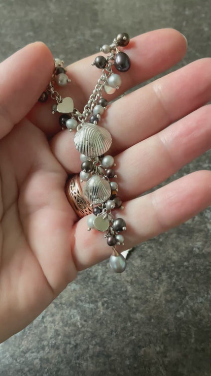 Clogau Beachcomber Black (peacock) and Grey Pearl Y-drop necklace in silver and rose gold 16”