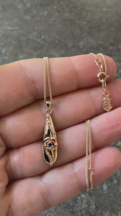 Rare Clogau 9ct Blue Sapphire and Diamond Rose Teardrop pendant necklace in yellow and rose gold 18-22”