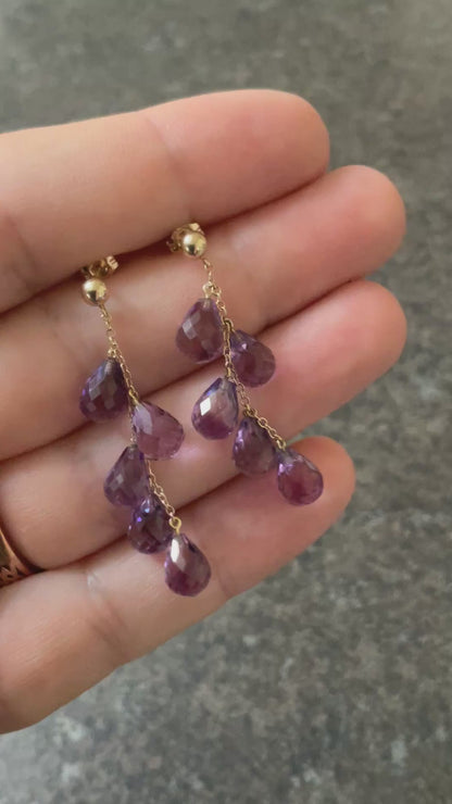 10K Mexico Amethyst Briolette Cascade drop earrings hallmarked yellow gold 4cm