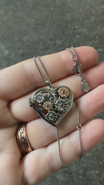 Clogau Amethyst Flower Fairy heart locket pendant necklace in silver and rose gold